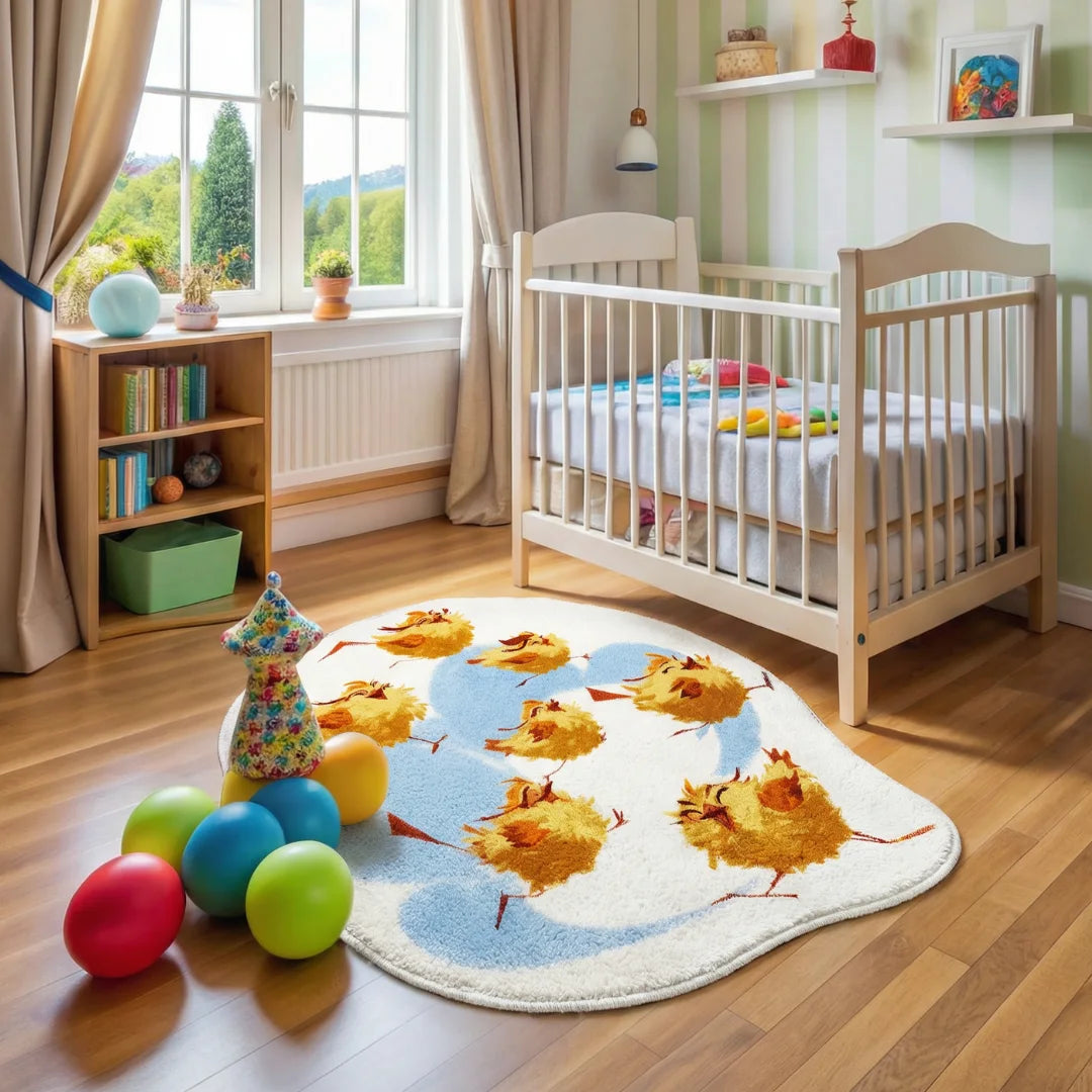 Irregular chirpy bird kids room rug placed in a bright kids bedroom and playroom with soft pastel decor and playful toys