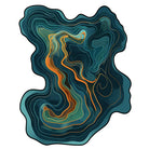 Chromatic irregular rug featuring abstract topographic lines in dark green shades with copper and teal highlights