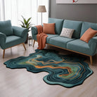 Chromatic irregular rug placed in a modern living room featuring deep green tones with flowing contour lines and warm copper accents