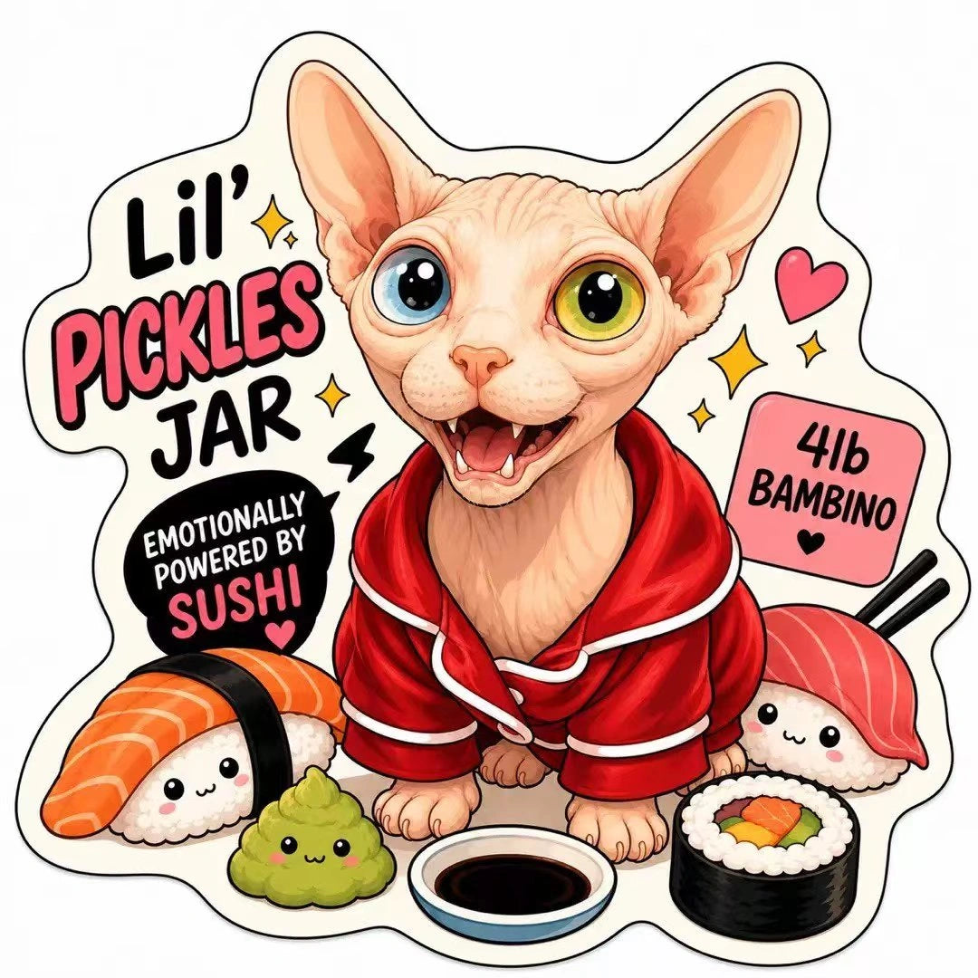 Lil' Pickles Jar custom sphynx cat rug with sushi theme, cartoon hairless cat wearing red hoodie, irregular shaped pet rug
