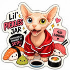 Lil' Pickles Jar custom sphynx cat rug with sushi theme, cartoon hairless cat wearing red hoodie, irregular shaped pet rug