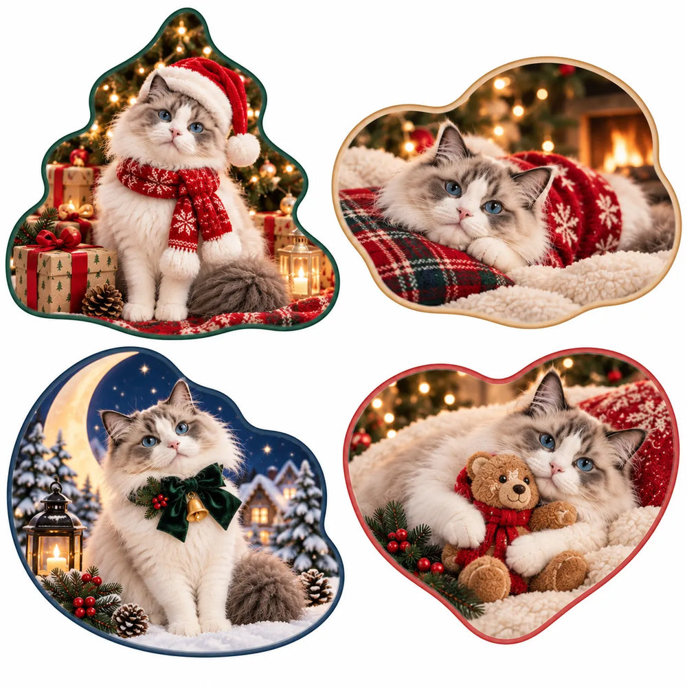 Four Christmas custom shaped rug design options created from the same cat photo