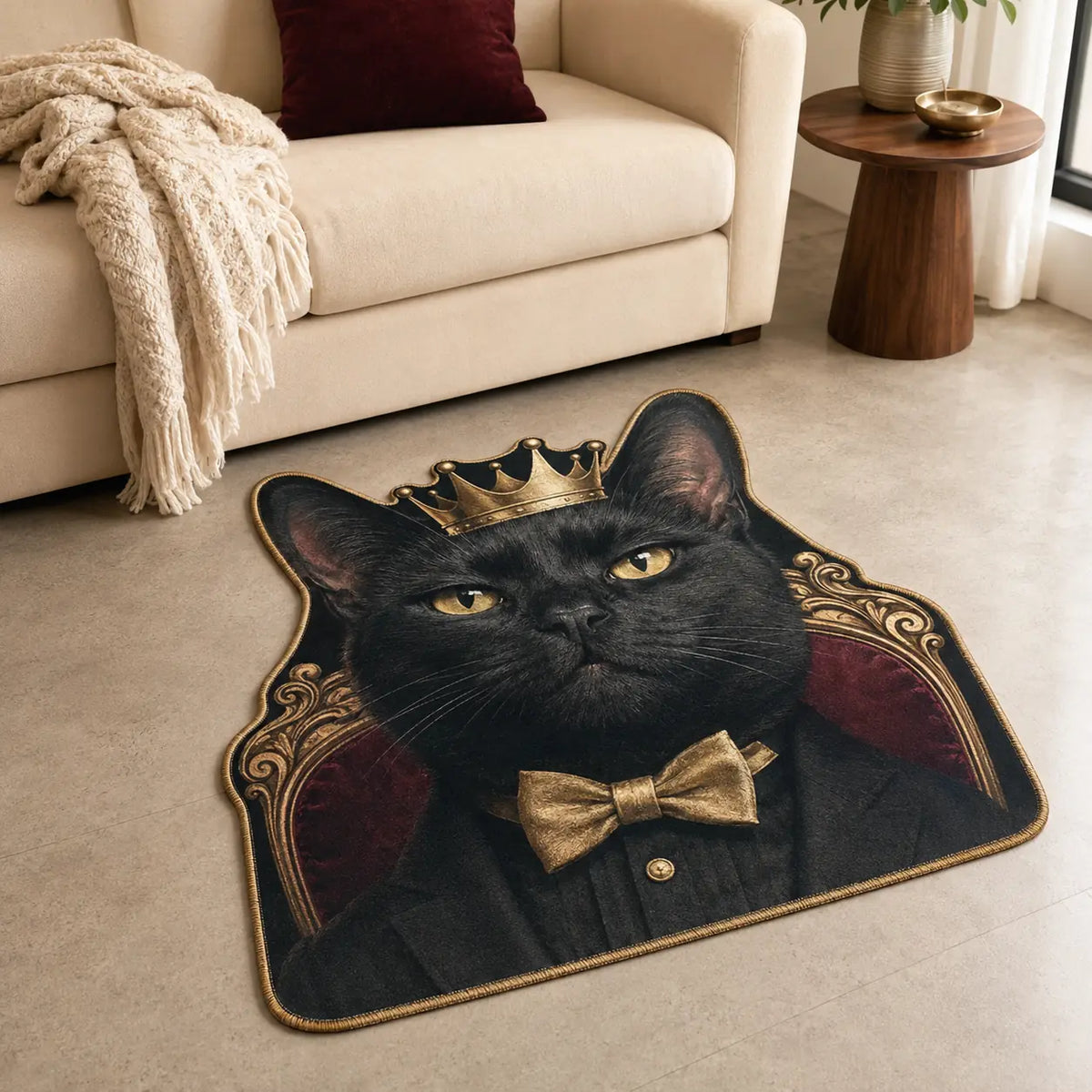 Custom funny pet rug featuring a black cat dressed as the boss of the house in a cozy living room