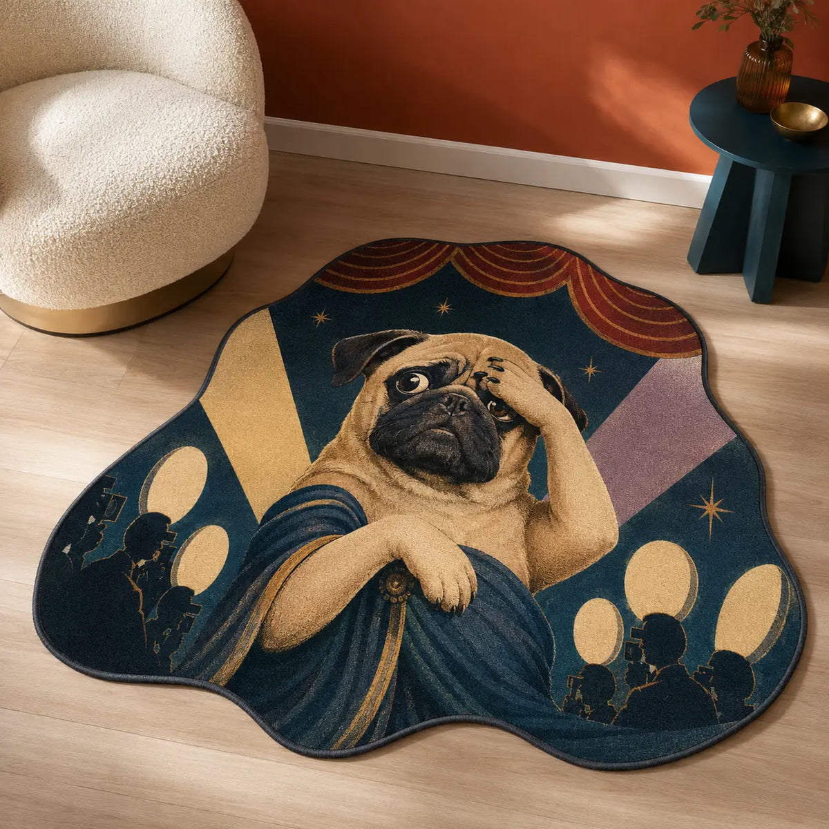 Custom funny pet rug featuring a dramatic pug in a retro cinema-inspired design