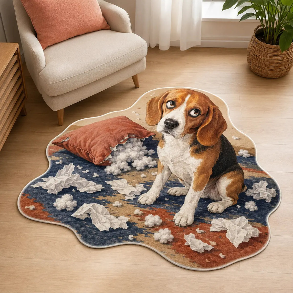 Custom funny pet rug featuring a guilty beagle surrounded by torn pillows, paper and stuffing