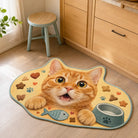 Custom funny pet rug featuring an orange tabby cat with treats, a fish and a food bowl