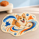 Custom funny pet rug featuring a corgi in Zoomies mode with blue and orange motion lines