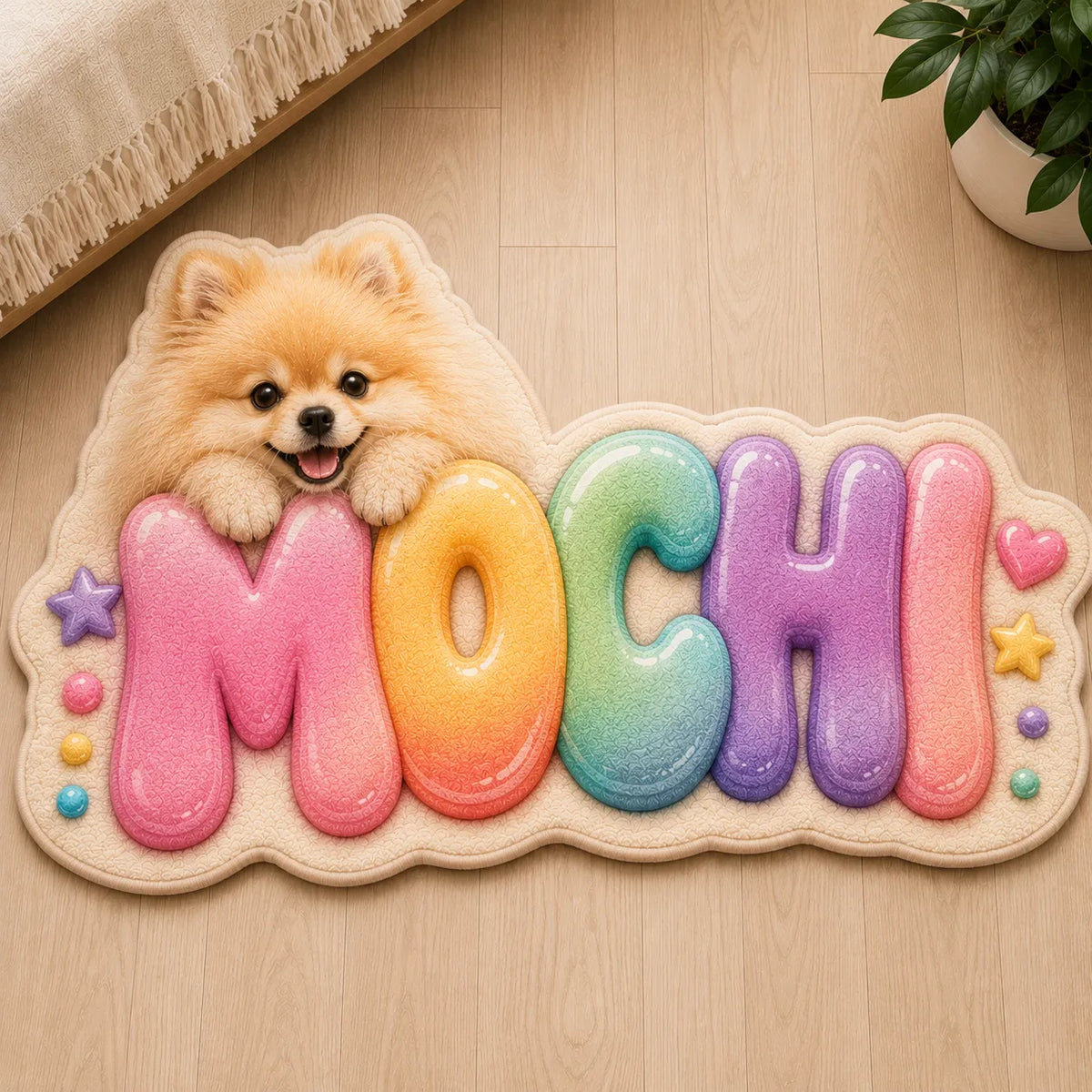 Personalized Pomeranian name rug featuring a fluffy cream Pomeranian resting on colorful gradient bubble letters spelling "MOCHI" crafted from soft faux cashmere with a custom die-cut shape.