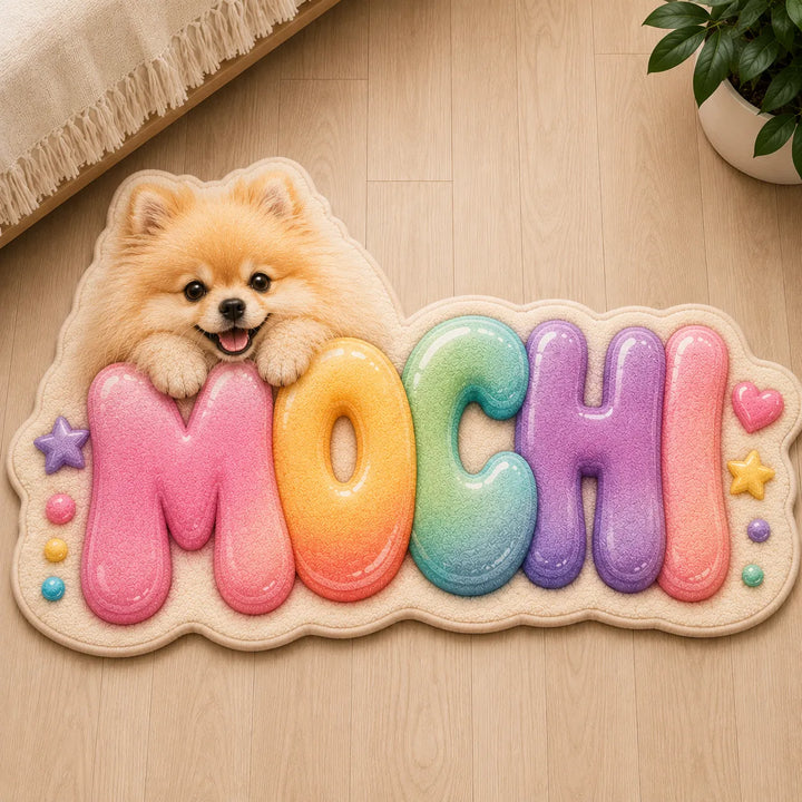 Personalized Pomeranian name rug featuring a fluffy cream Pomeranian resting on colorful gradient bubble letters spelling "MOCHI" crafted from soft faux cashmere with a custom die-cut shape.