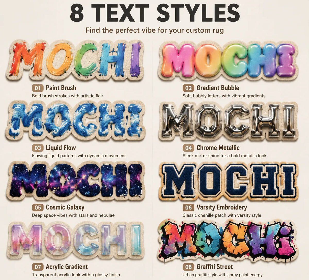 Comparison of 8 custom pet name text styles for personalized rugs, including Paint Brush, Gradient Bubble, Liquid Flow, Chrome Metallic, Cosmic Galaxy, Varsity Embroidery, Acrylic Gradient, and Graffiti Street.