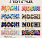 Comparison of 8 custom pet name text styles for personalized rugs, including Paint Brush, Gradient Bubble, Liquid Flow, Chrome Metallic, Cosmic Galaxy, Varsity Embroidery, Acrylic Gradient, and Graffiti Street.