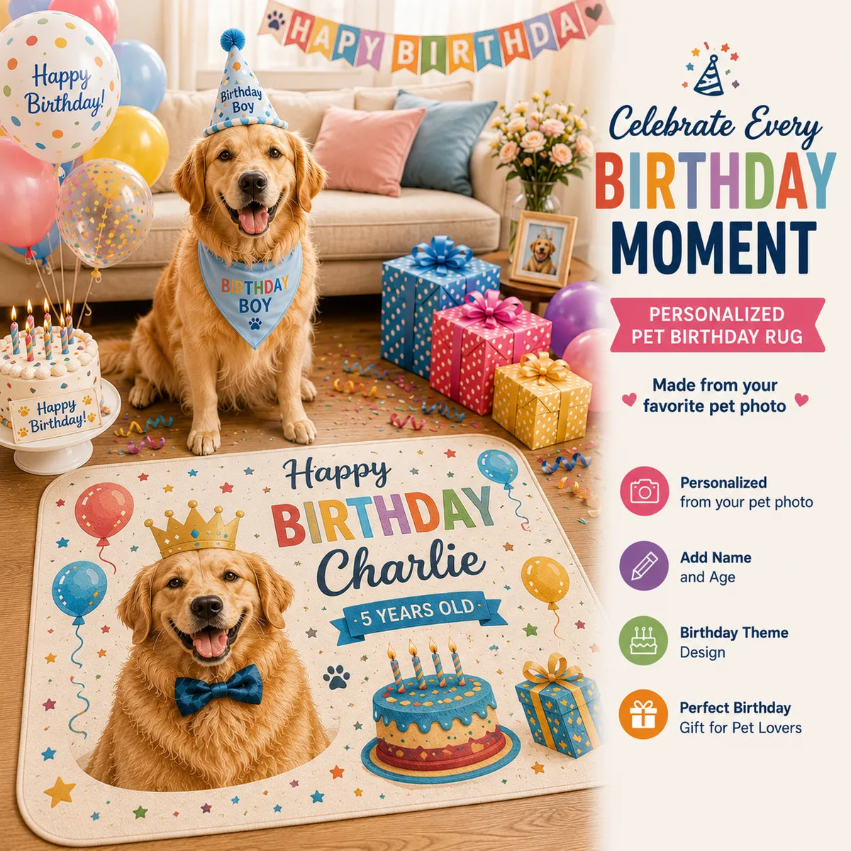 Golden retriever with his custom birthday rug