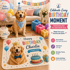 Golden retriever with his custom birthday rug
