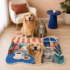 Golden retriever and gray tabby cat sitting behind a custom café-themed pet lifestyle rug