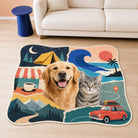 Custom pet lifestyle moments rug featuring a golden retriever and gray tabby cat with camping, beach, café, hiking and road trip artwork