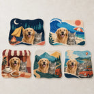 Five custom pet lifestyle rug styles featuring camping, beach, café, hiking and road trip themes