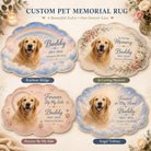 Four custom pet memorial rug styles including Rainbow Bridge, In Loving Memory, Forever By My Side, and Angel Tribute