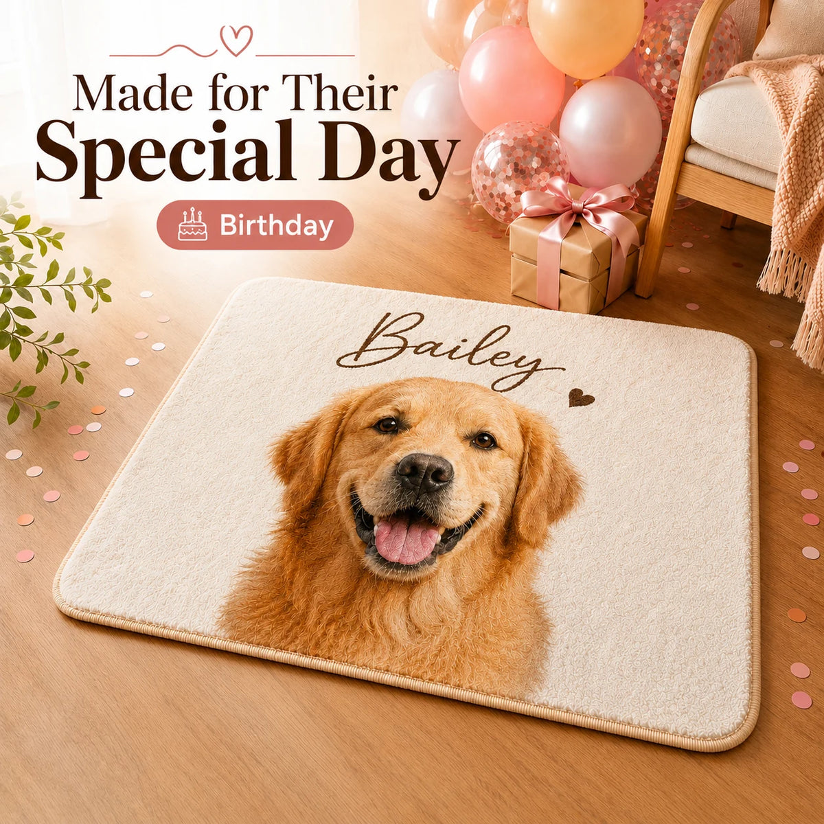 Personalized pet birthday rug with custom dog portrait, soft faux cashmere texture, and non-slip backing