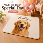 Personalized pet birthday rug with custom dog portrait, soft faux cashmere texture, and non-slip backing