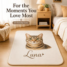 Personalized everyday pet love rug with custom cat portrait, plush faux cashmere surface, and non-slip backing