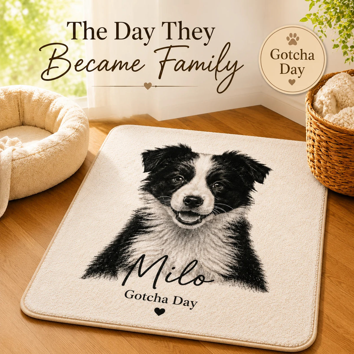 Custom Gotcha Day pet rug featuring a personalized puppy portrait, stitched edge, and anti-slip backing