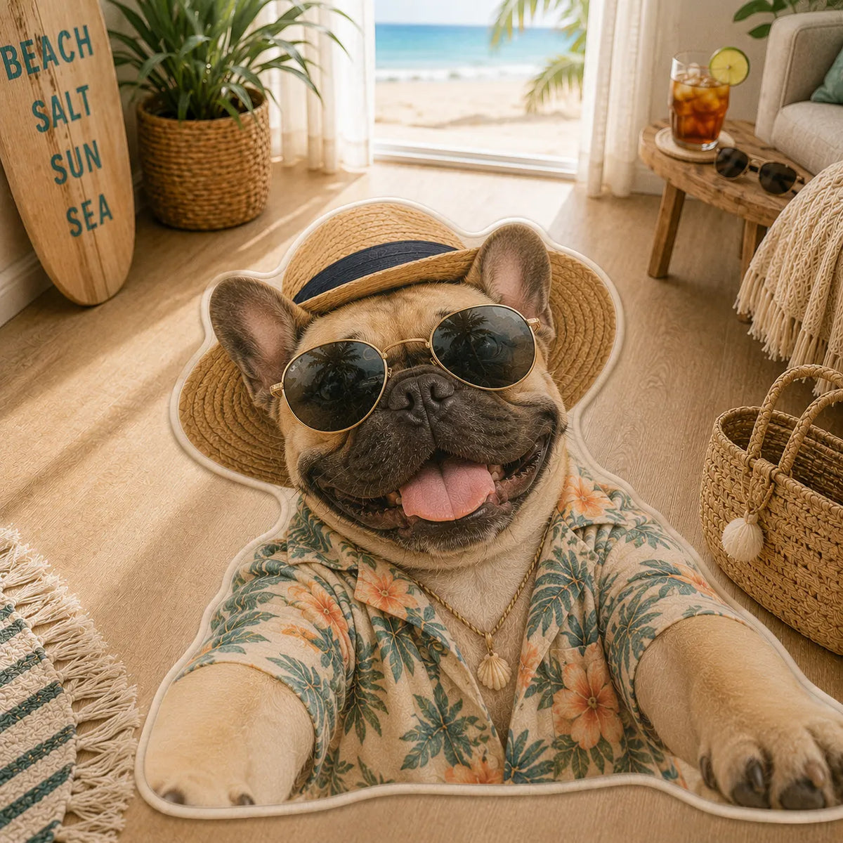 Custom French Bulldog selfie rug in a tropical beach-themed living room, featuring a Frenchie wearing sunglasses, a straw hat, and a Hawaiian shirt, finished with beige overlock edging and designed as a personalized pet portrait rug.
