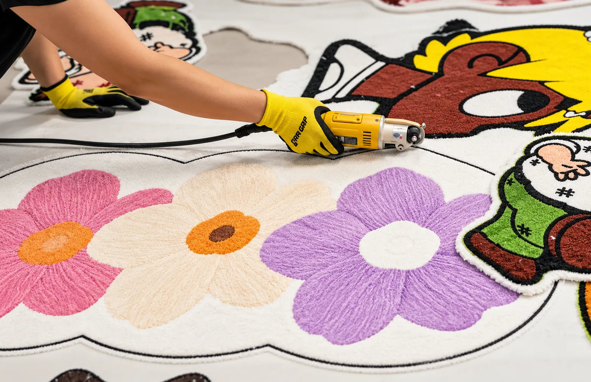 A Print Nest custom shaped rug being cut by hand during production