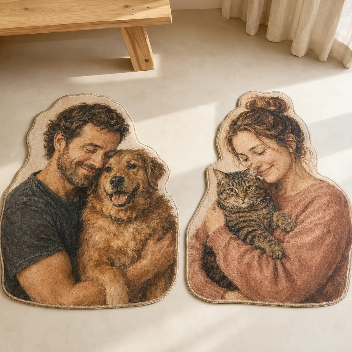 Dad and dog and mom and cat custom portrait rugs displayed side by side on a neutral floor