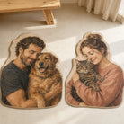 Dad and dog and mom and cat custom portrait rugs displayed side by side on a neutral floor