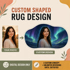 Custom shaped rug design service showing a portrait photo transformed into a personalized aurora background digital design without logo