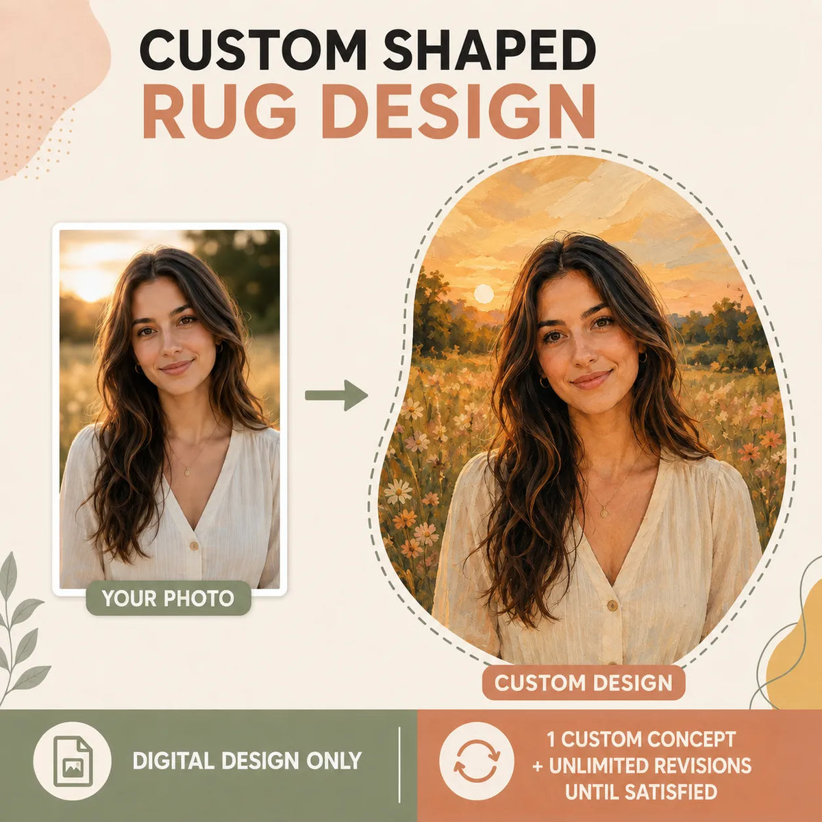 Custom shaped rug design service showing a portrait photo transformed into a personalized flower meadow digital design without logo
