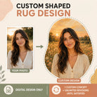 Custom shaped rug design service showing a portrait photo transformed into a personalized flower meadow digital design without logo