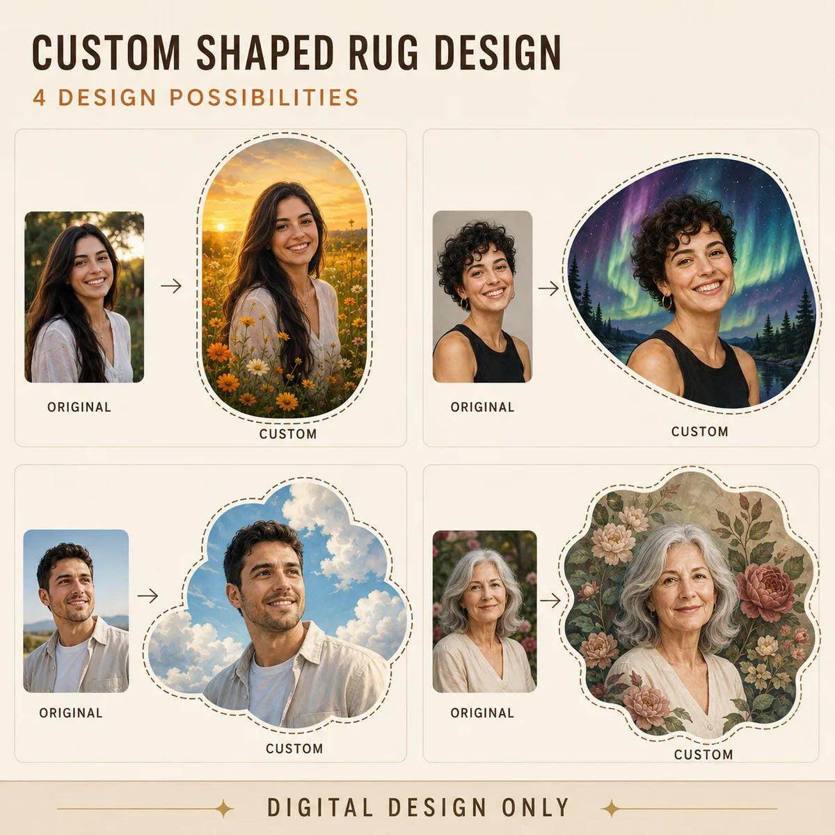Four custom shaped rug design examples showing portrait photos transformed into sunset, aurora, cloud and floral digital artwork without logo