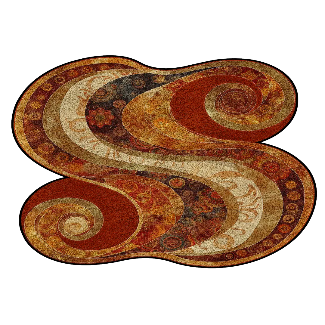 Echoes in the Weave rug featuring flowing abstract spiral patterns in warm earthy tones
