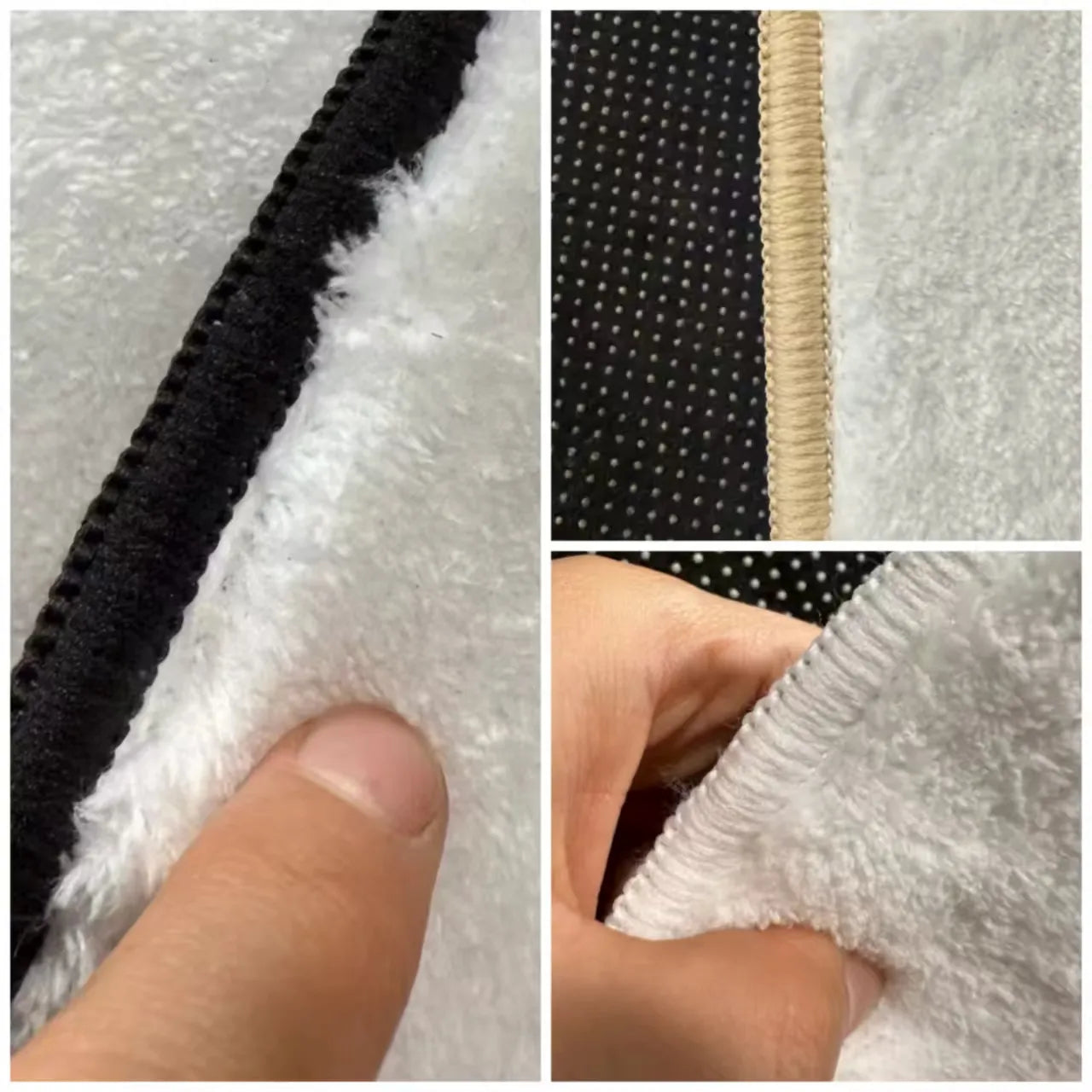 Close-up comparison of black, beige, and white overlock edge yarn options on a faux cashmere rug, highlighting the soft plush surface and anti-slip backing details.
