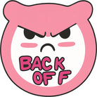 Irregular black “BACK OFF” phrase rug design with bold cream letters on a white background, shown as a flat artwork for printing.