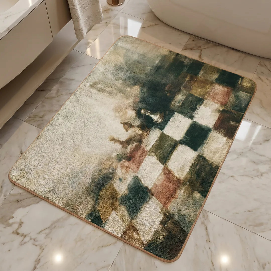 Checkered style rug bathroom