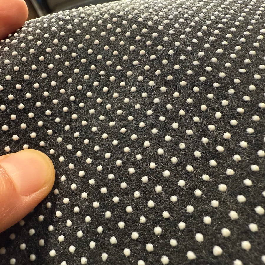 Close-up of the dotted non-slip backing on an A Print Nest rug