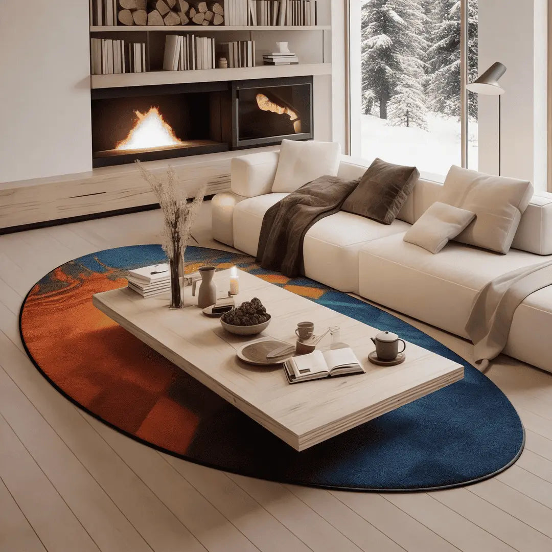 Irregular orange blue abstract checkered rug living room