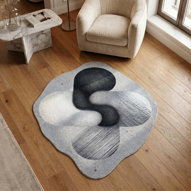 Form in Balance – Irregular Black & White Rug | 5 x 6 ft | Living Room