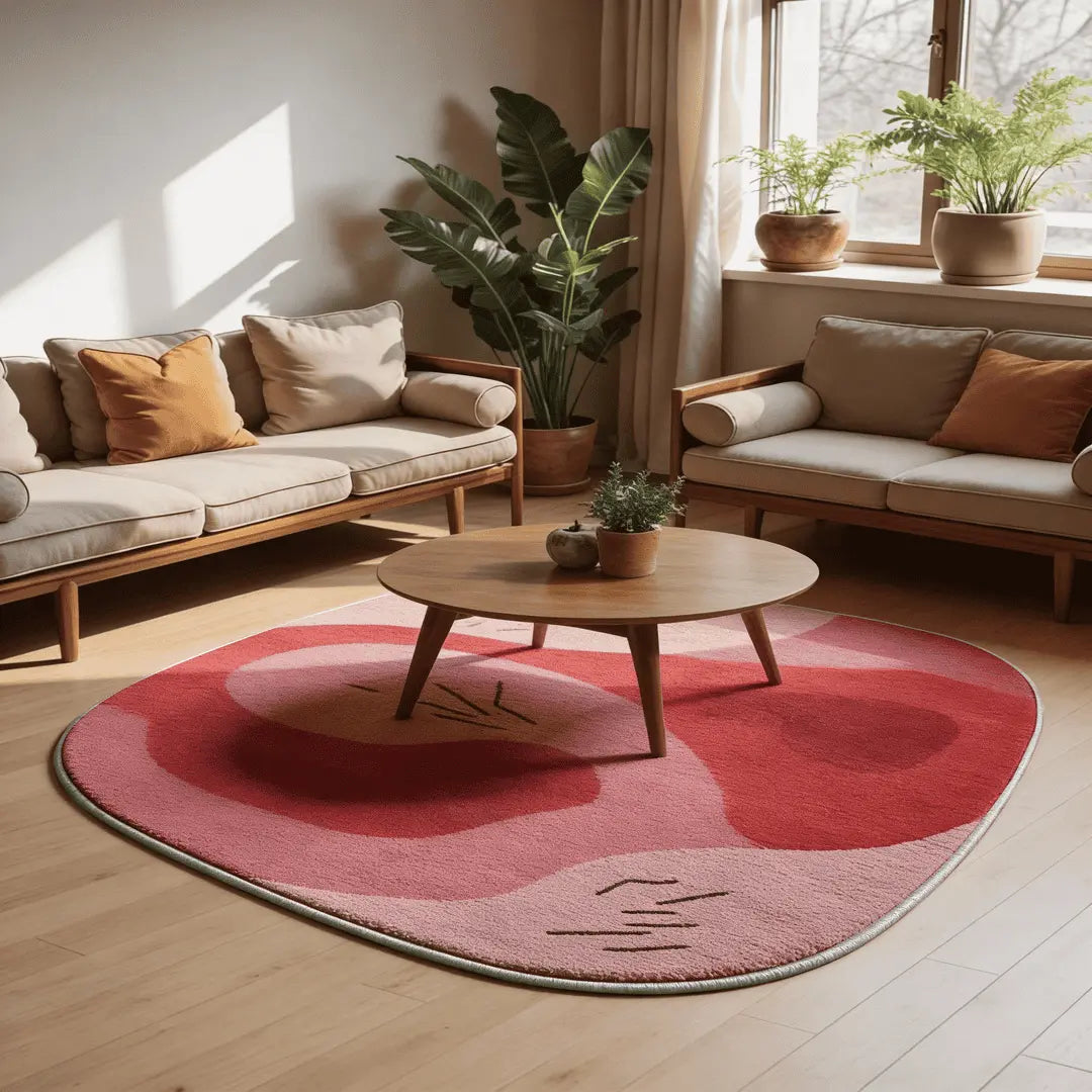 Irregular pink abstract rug living room