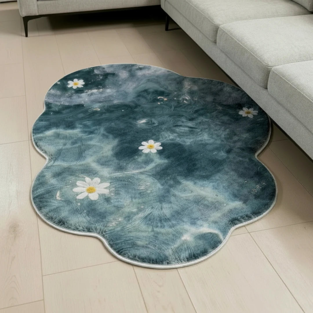 Irregular blue daisy rug living room