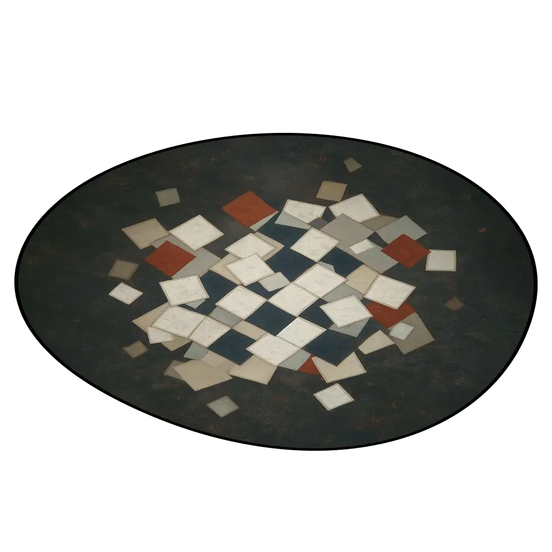 Fragment irregular rug featuring abstract fragmented geometric tiles in charcoal, beige, blue, and rust on a dark background