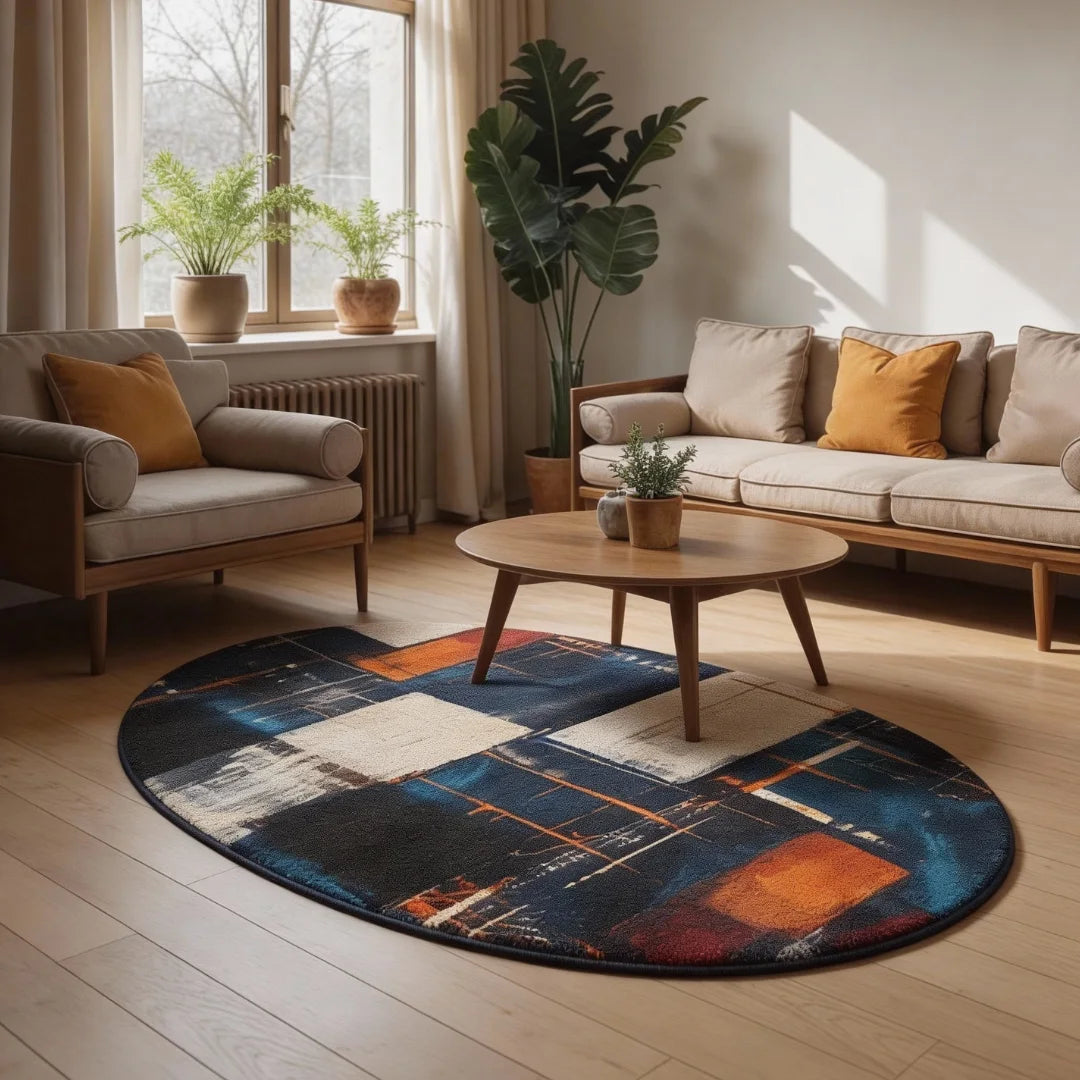 Navy blue and burnt orange abstract rug living room