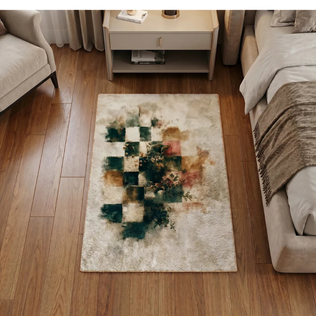 Abstract checkered style rug bedroom