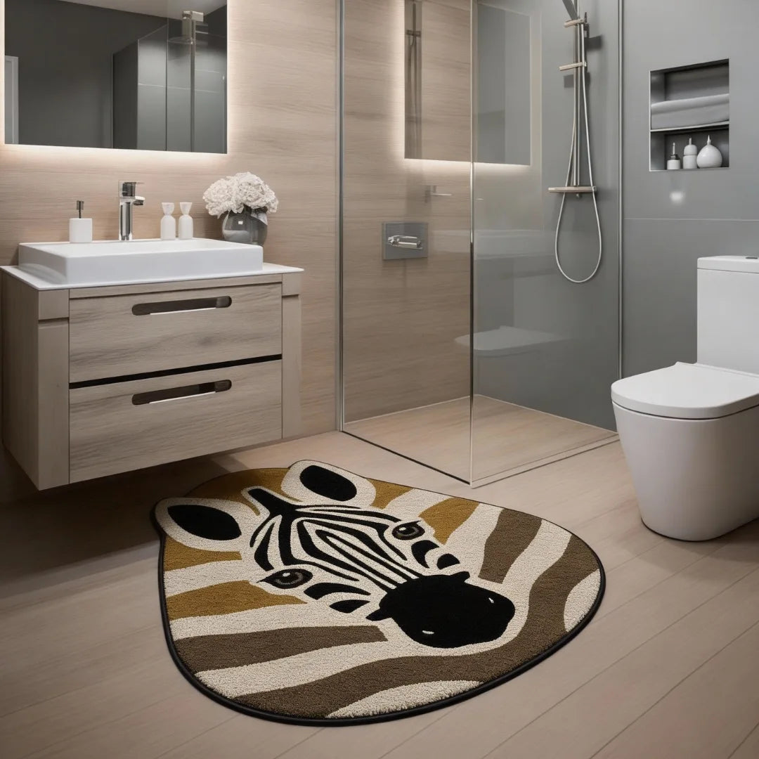 Irregular zebra face rug bathroom