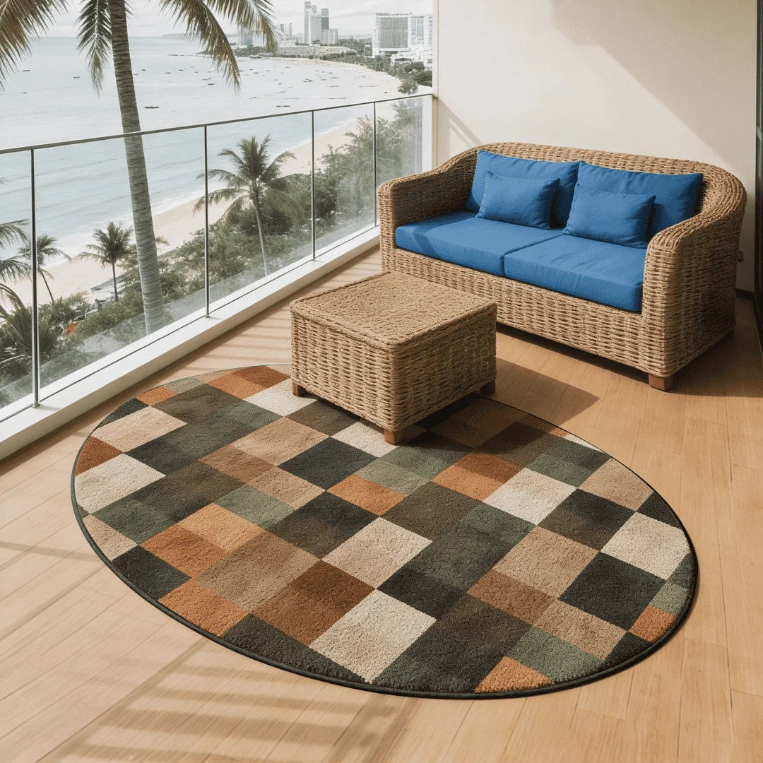 Irregular earthy green and beige rug balcony nook