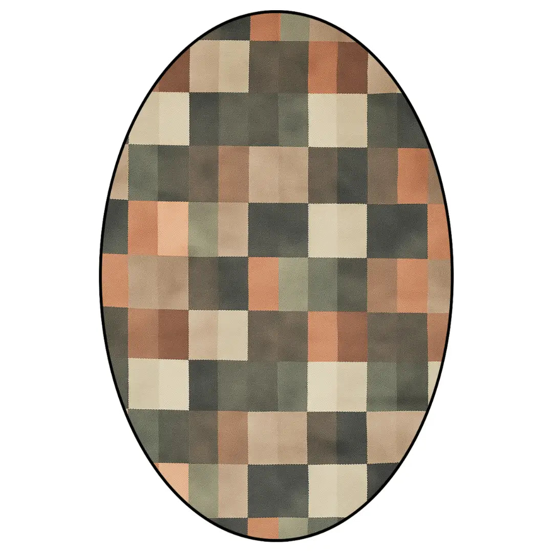 Irregular earthy green and beige rug balcony nook
