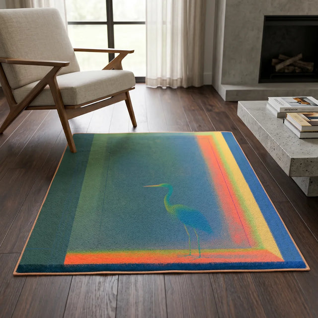 Heron at the Painted Door – Melancholy Style Rug | Impressionism | 6 x 7 ft | Living Room & Reading Nook