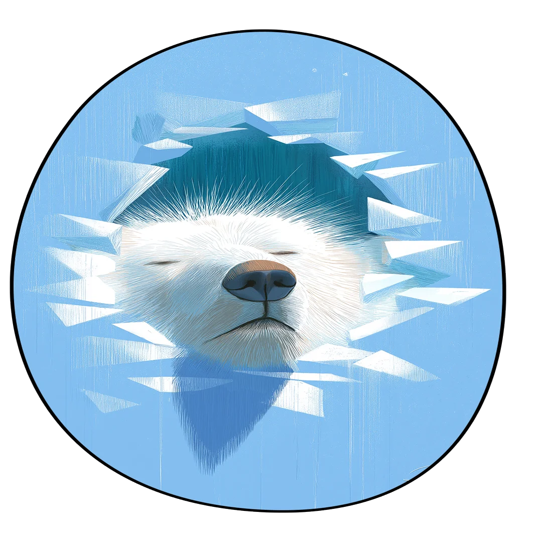 Polar bear face rug featuring a calm white bear emerging through icy geometric shards on a soft blue background